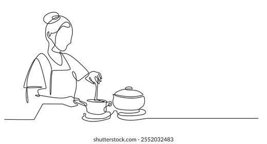 continuous line drawing of woman cooking happily.one line drawing portrait of mother cooking in the kitchen.abstract line art.simple single line vector illustration.isolated white background