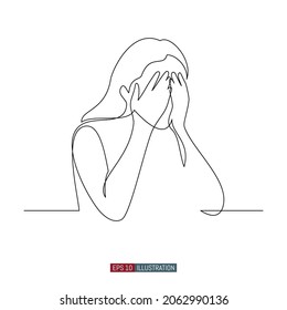Continuous line drawing of Woman covers her face with her palms. The girl is crying. Sorrow. Grief. Misfortune. Template for your design works. Vector illustration.