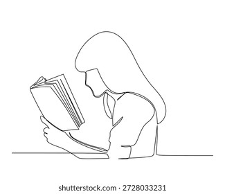 Dibujo de línea continuo de una mujer profundamente enfocada en leer un libro, capturando un momento de concentración y aprendizaje. Ideal para la ilustración del tema de la educación