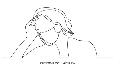Continuous Line Drawing Of Woman In Depression Wearing Face Mask