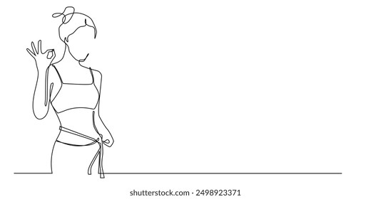 Dibujo continuo de la línea de la mujer que hace dieta. Vector de la sola línea Mujer feliz exitosa que hace dieta. Dieta de la mujer del arte de la línea