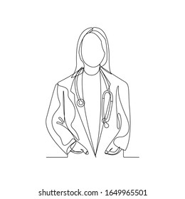 Continuous line drawing of woman doctor with stethoscope. One line art of health care concept. Vector illustration.