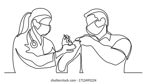 continuous line drawing of woman doctor in protective mask doing vaccination shot to patient in mask