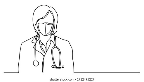 dibujo de línea continua de la mujer retrato médico en máscara protectora