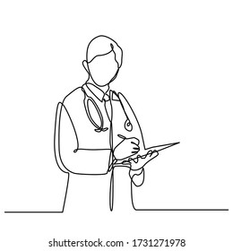 continuous line drawing of woman doctor standing isolated on a white background. Health care and medicine