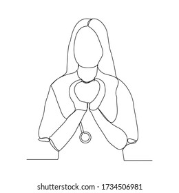 Continuous line drawing of woman doctor holding heart on palm hand. Vector illustration