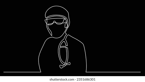 continuous line drawing of woman doctor portrait in mask with stethoscope