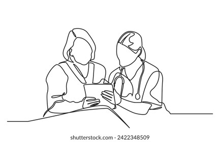 Dibujo continuo de una doctora que muestra documentos de papel para el paciente. La joven doctora da sesiones de consulta a las pacientes mientras lee los registros médicos. ilustración vectorial
