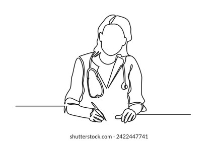 Continuous line drawing of a woman doctor writing a patient paper document. single-line female doctor with a stethoscope.vector illustration.

