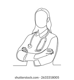 Continuous line drawing of woman doctor with stethoscope and medical uniform. One line sketch editable stroke of health care concept. Vector illustration
