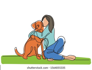 continuous line drawing of woman with dog