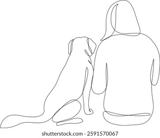 Continuous line drawing of woman and dog sitting together and looking into the distance, rear view. Outdoor person with pet Labrador, bonding and friendship concept, one line art. Editable stroke.