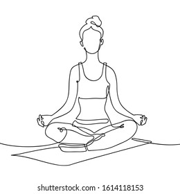 Continuous line drawing. Woman doing yoga sitting in lotus position