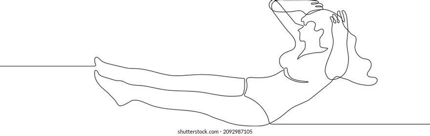 Continuous line drawing of a woman doing sit up, fitness exercise on white background.