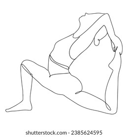 Continuous line drawing. Woman doing exercise in yoga pose. Vector Illustration