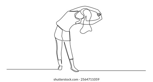 continuous line drawing of woman doing muscle stretching.one line drawing of woman bending arms doing body warm up.single line vector illustration.isolated white background