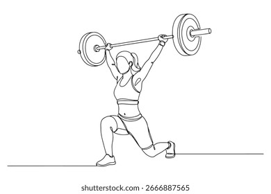 Um desenho de linha contínua de uma mulher fazendo um agachamento dividido com uma barbell minimalista ilustração vetorial Design