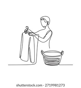 A continuous line drawing of a woman doing laundry with a basket