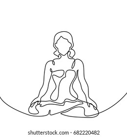 Continuous line drawing. Woman doing exercise yoga lotus Pose. Vector Illustration