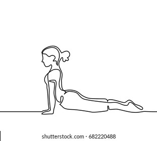 Continuous line drawing. Woman doing exercise in yoga pose. Vector Illustration