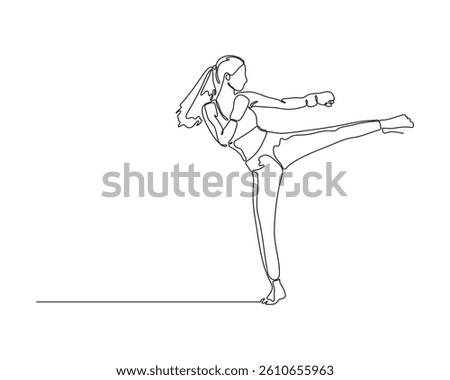 Continuous line drawing of a woman doing a high side kick in martial arts. Minimalist vector illustration for fitness, self-defense, taekwondo, or kickboxing-related content.