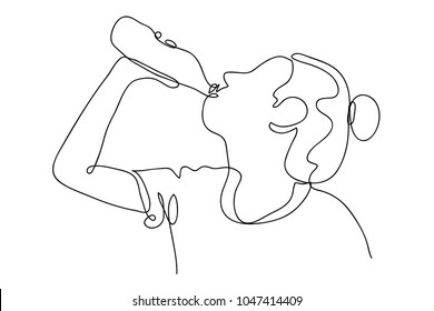 Continuous Line Drawing Of A Woman Drinking Water From A Bottle Vector Illustration