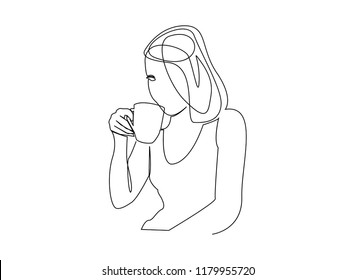 continuous line drawing of a woman drinking coffee warm.