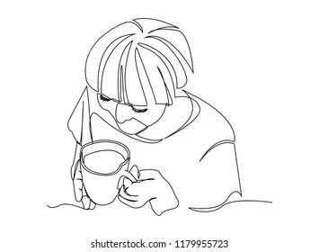 continuous line drawing of a woman drinking coffee warm.