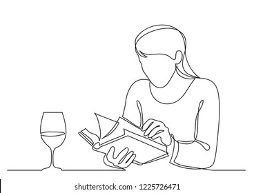 Continuous Line Drawing Of Woman Drinking Wine And Reading Book