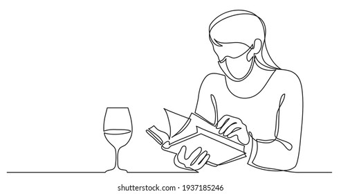 continuous line drawing of woman drinking wine and reading book wearing face mask