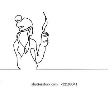 Continuous line drawing. Woman drinking cup of tea winter time. Vector illustration.