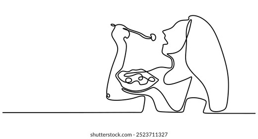 Desenho de linha contínua de uma mulher comendo com um garfo. Representação simples e elegante de uma cena de jantar. Ilustração vetorial.