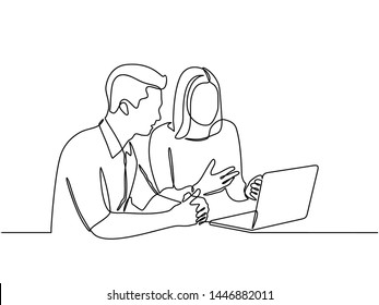 continuous line drawing of a woman is explaining material inside a laptop to a man. Two teen browsing a laptop searching information online. vector illustration isolated on white background