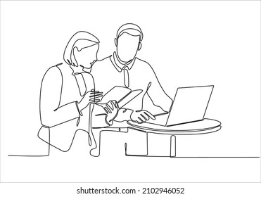 continuous line drawing of a woman is explaining material inside a laptop to a man. Two teen browsing a laptop searching information online. vector illustration isolated on white background