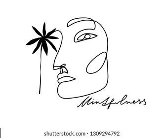 Continuous line, drawing of woman face and palm, fashion minimalist concept, vector illustration. Sign "MINDFULNESS".