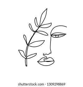 Continuous line, drawing of woman face, fashion minimalist concept, vector illustration. 