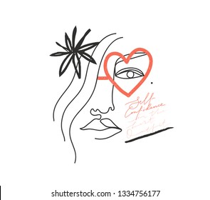 Continuous line, drawing of woman face, fashion minimalist concept, vector illustration. Slogan for T-shirt and apparels tee graphic. "Self confidence is the best outfit" sign.