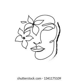 Continuous line, drawing of woman face with exotic flowers, fashion minimalist concept, vector illustration. 