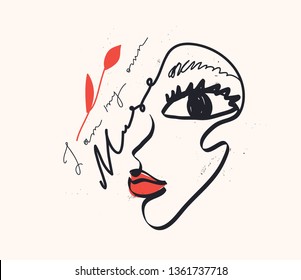 Continuous line, drawing of woman face, fashion minimalist concept, vector illustration. "I am my own muse" sign.