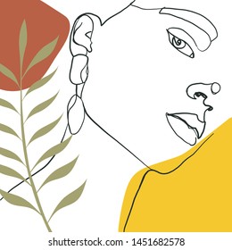 Continuous line  drawing woman face  fashion concept  woman beauty minimalist and geometric doodle Abstract floral elements pastel colors  One line continuous drawing  vector illustration