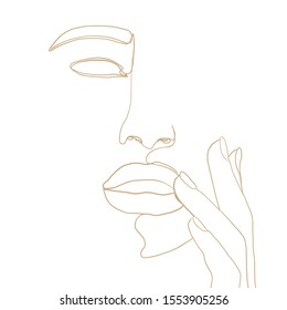 Continuous line, drawing of woman face with hand on face , fashion concept, woman beauty minimalist, vector illustration for t-shirt, slogan design print graphics style. One line fashion illustration