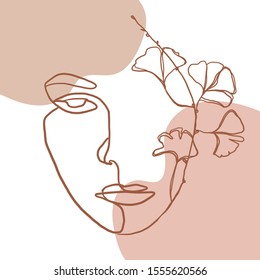 Continuous line, drawing of woman face, fashion concept, woman beauty minimalist with geometric doodle Abstract floral elements pastel colors. One line continuous drawing. vector illustration