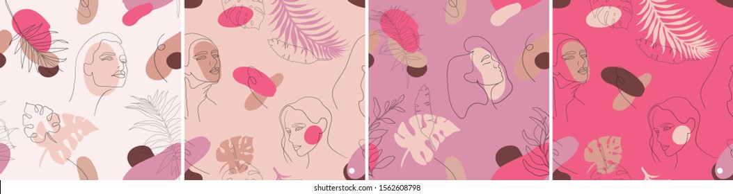 Continuous line, drawing of woman face, woman beauty minimalist with geometric doodle. Seamless pattern with abstract floral elements trendy colors. Modern graphic set. One line drawing abstract faces