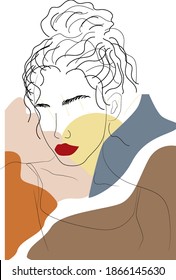 Continuous line, drawing of woman face, fashion concept. Abstract elements, sunset. One line continuous drawing. vector illustration
