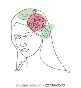 Continuous line drawing Woman face with rose flower. abstract female face and rose in minimalist simple linear style. Vector illustration