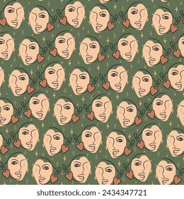 Continuous line drawing of woman face pattern. Aesthetic minimalist concept, fashionable lovely pattern.