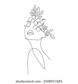 Continuous Line Drawing of Woman Face and Flowers, Fashion Minimalist Concept, Woman Beauty Drawing, Vector Illustration. Good for Prints, T-shirt, Banners, Slogan Design Modern Graphics Style