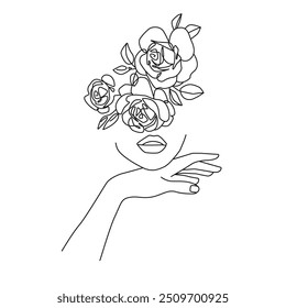 Continuous Line Drawing of Woman Face and Flowers, Fashion Minimalist Concept, Woman Beauty Drawing, Vector Illustration. Good for Prints, T-shirt, Banners, Slogan Design Modern Graphics Style