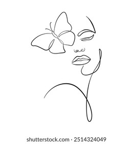 Dibujo continuo de la línea de la cara y de la mariposa de la mujer, concepto minimalista de la moda, dibujo de la belleza de la mujer, Ilustración vectorial. Bueno para estampados, camiseta, Anuncios, diseño de eslogan Estilo gráfico moderno