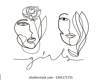 Continuous line, drawing of woman faces with flowers, fashion minimalist concept, vector illustration. 